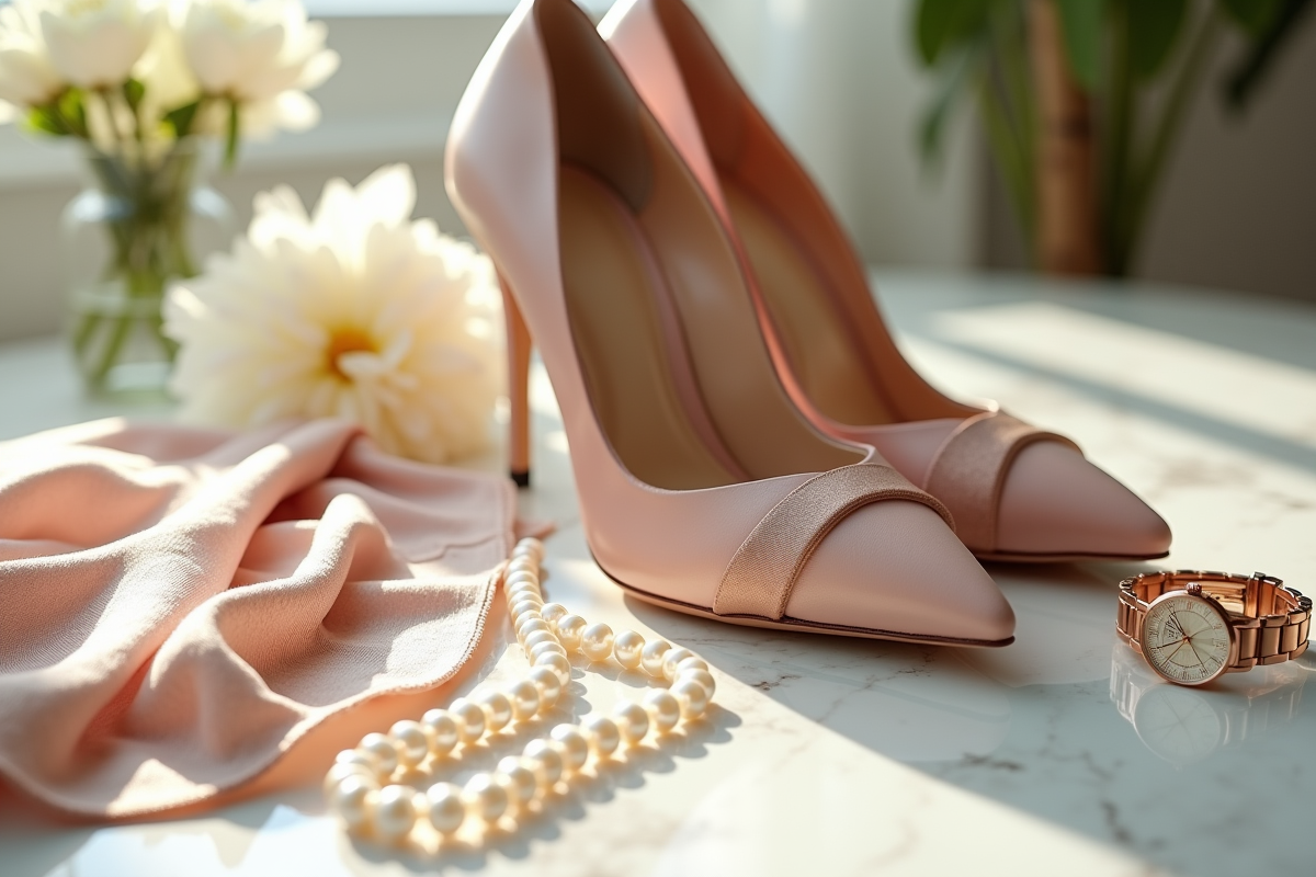 Accessoires de mode luxe sur table en marbre avec fleurs blanches