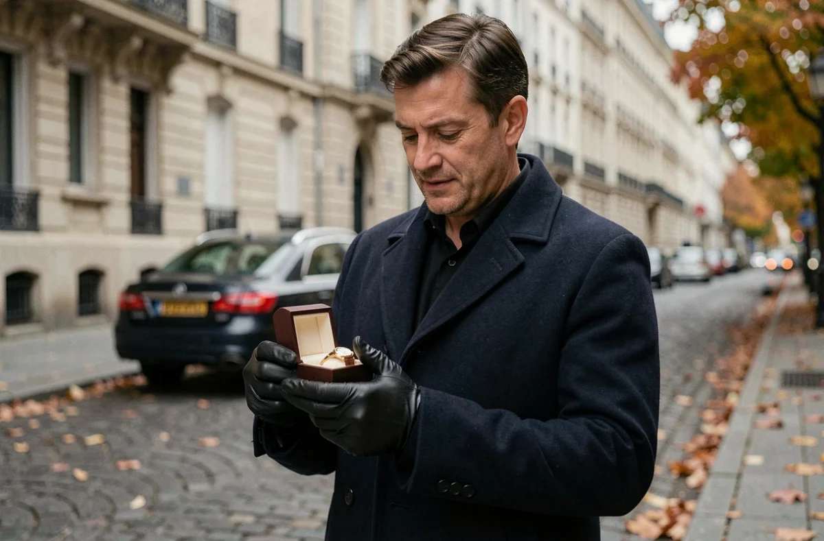 Homme tenant discrètement un écrin de montre Rolex dans une rue élégante de Paris en automne