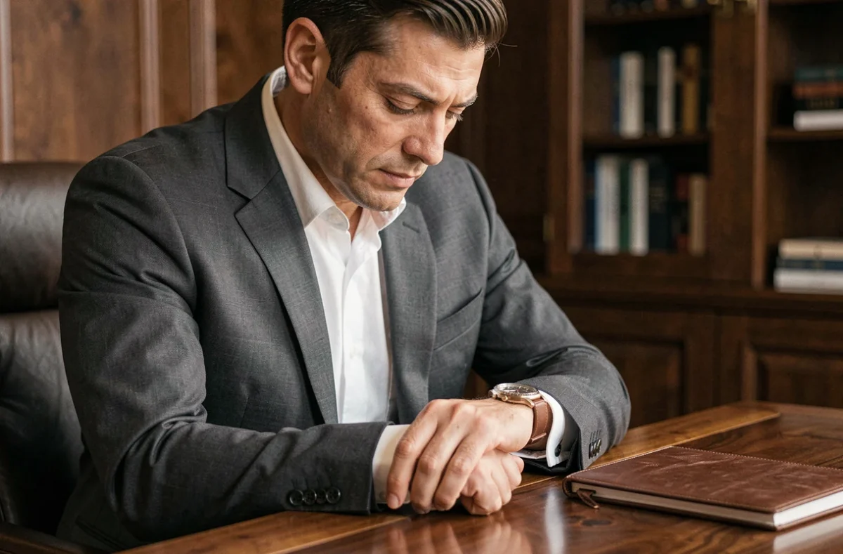 Homme en costume regardant discrètement sa montre Rolex dans un bureau privé haut de gamme
