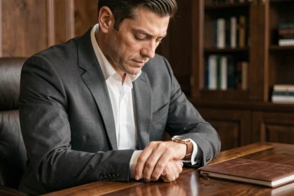 Homme en costume regardant discrètement sa montre Rolex dans un bureau privé haut de gamme