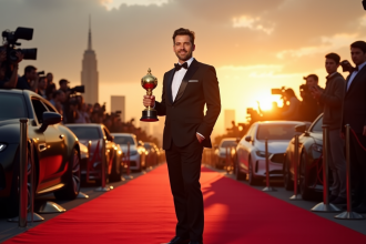 Acteur élégant sur tapis rouge avec trophée et voitures de luxe