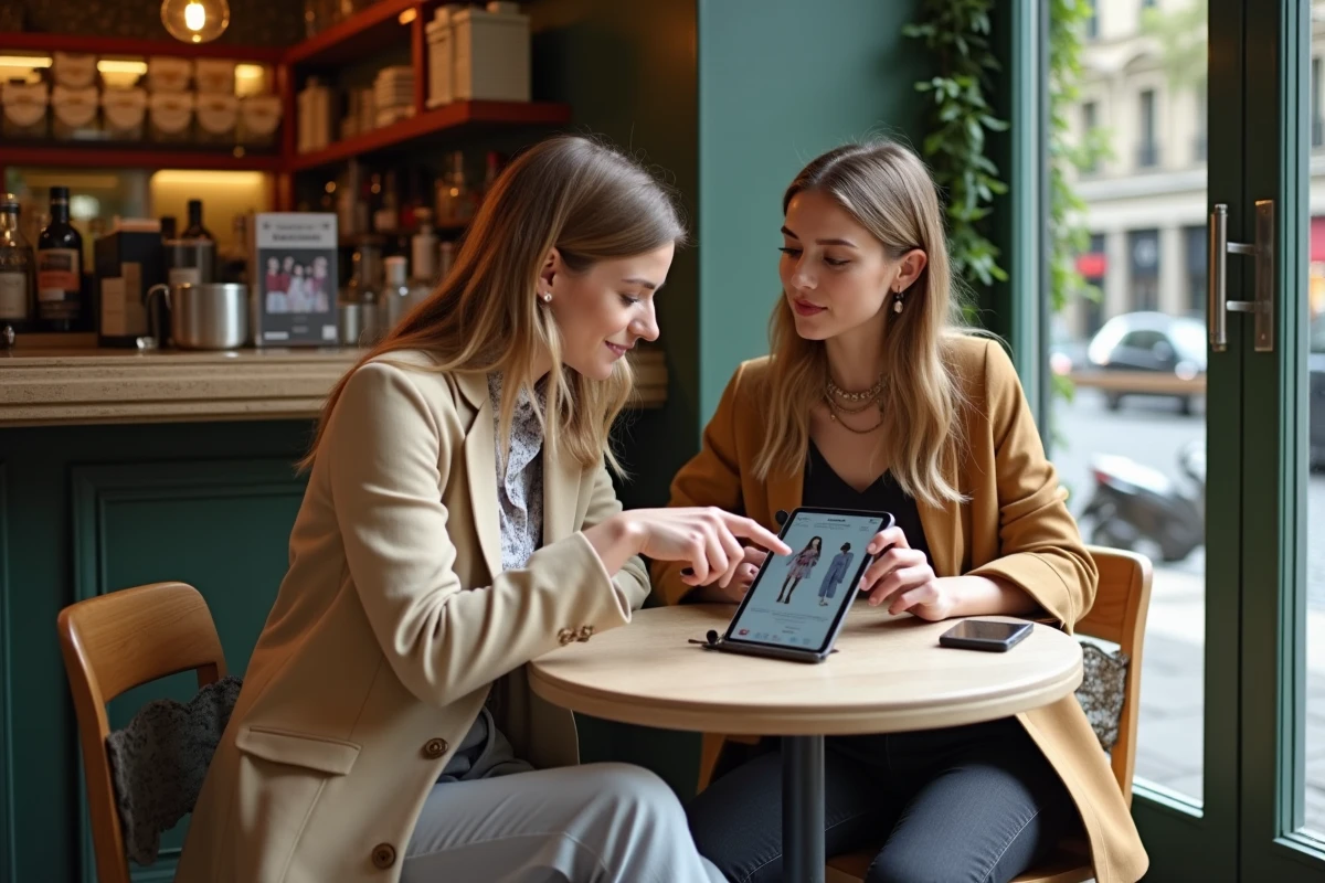 Deux amies parisiennes en train de consulter les meilleures affaires JOHANNA Paris en ligne pendant les soldes dans un café parisien