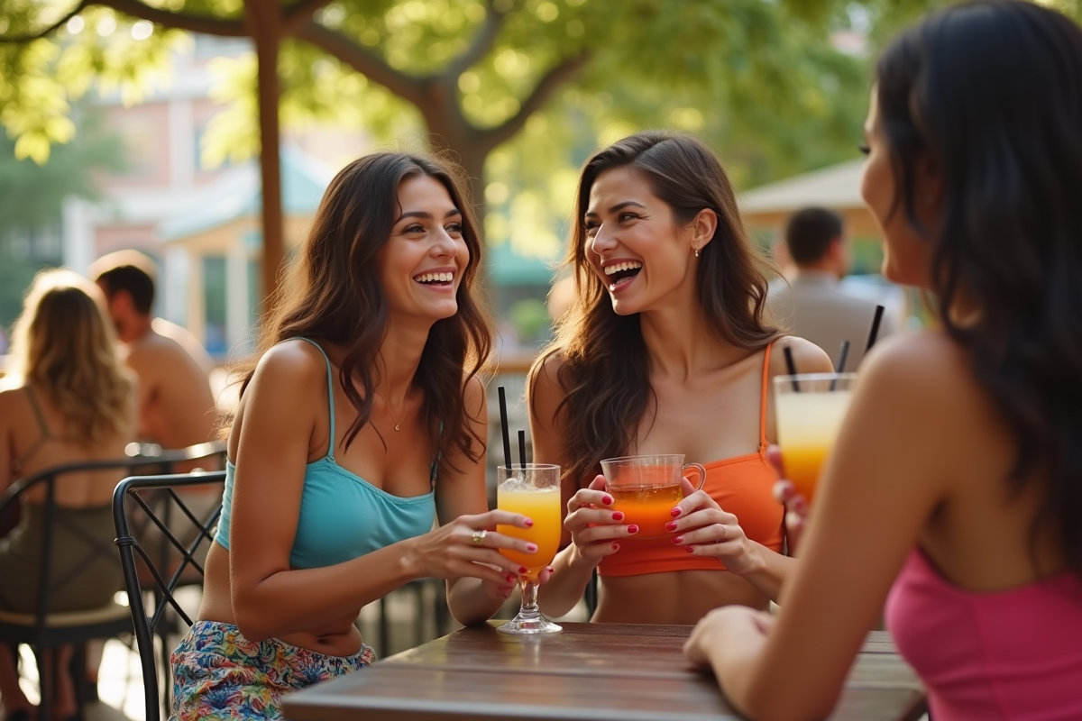 Groupe d amis souriants dans un café en plein air avec crop tops