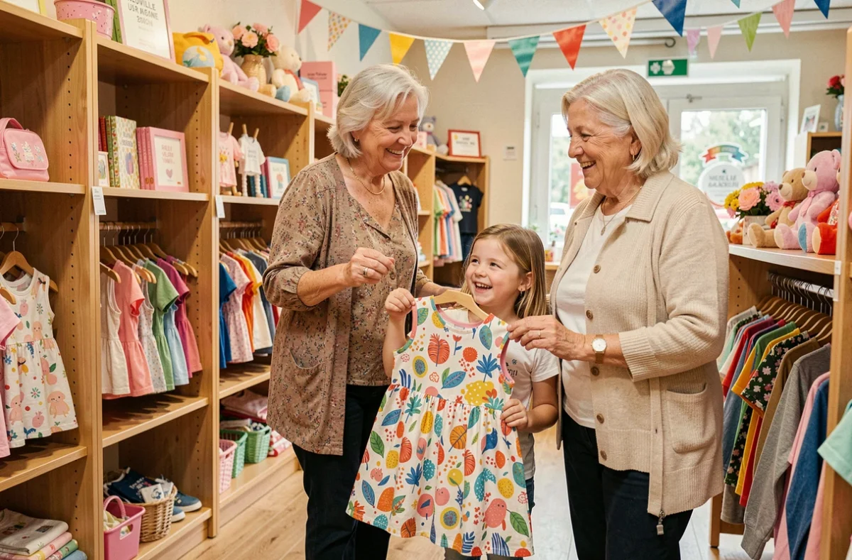 Une grand-mère et sa petite-fille découvrant les vêtements multimarques chez Anges et Diablotins à Neuville-sur-Saône