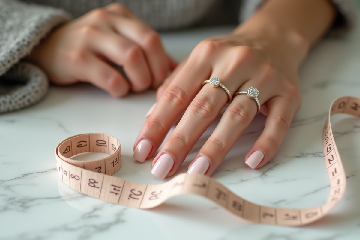 Main d'une femme tenant des anneaux Pandora avec un ruban de mesure