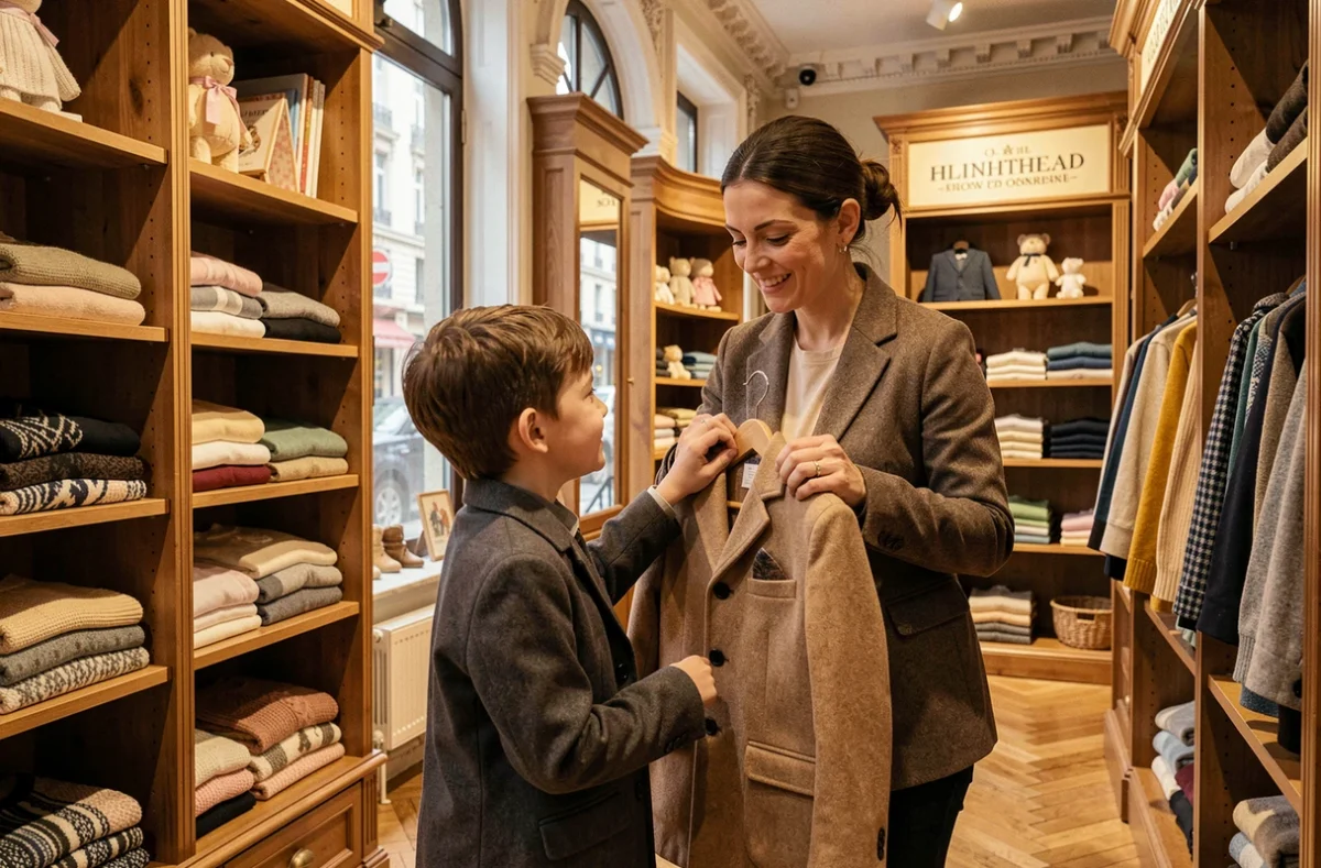 Une vendeuse aidant un enfant à essayer un manteau dans la boutique Arsène et les Pipelettes spécialisée en marques françaises et européennes à Lyon