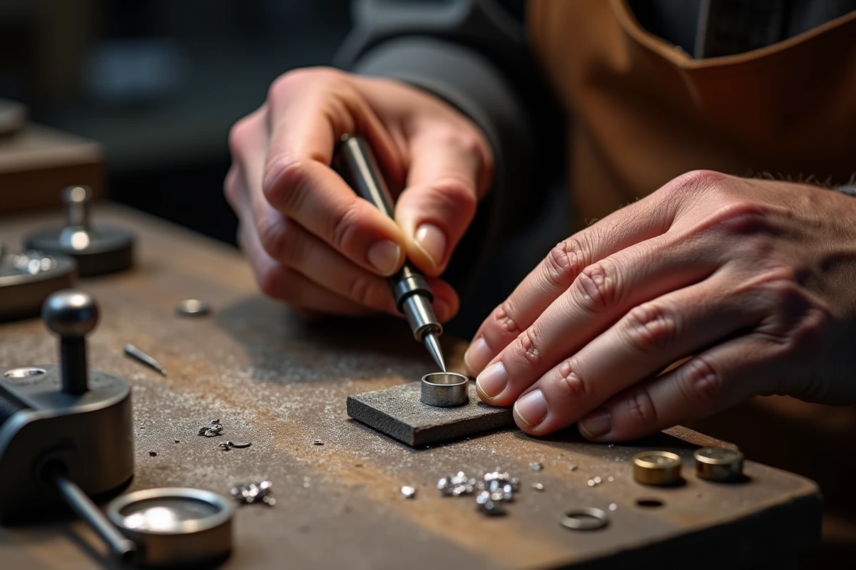 Artisan bijoutier français gravant à la main une chevalière en argent dans son atelier traditionnel