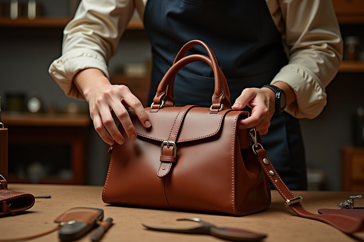Artisan sellier inspectant un sac en cuir haut de gamme