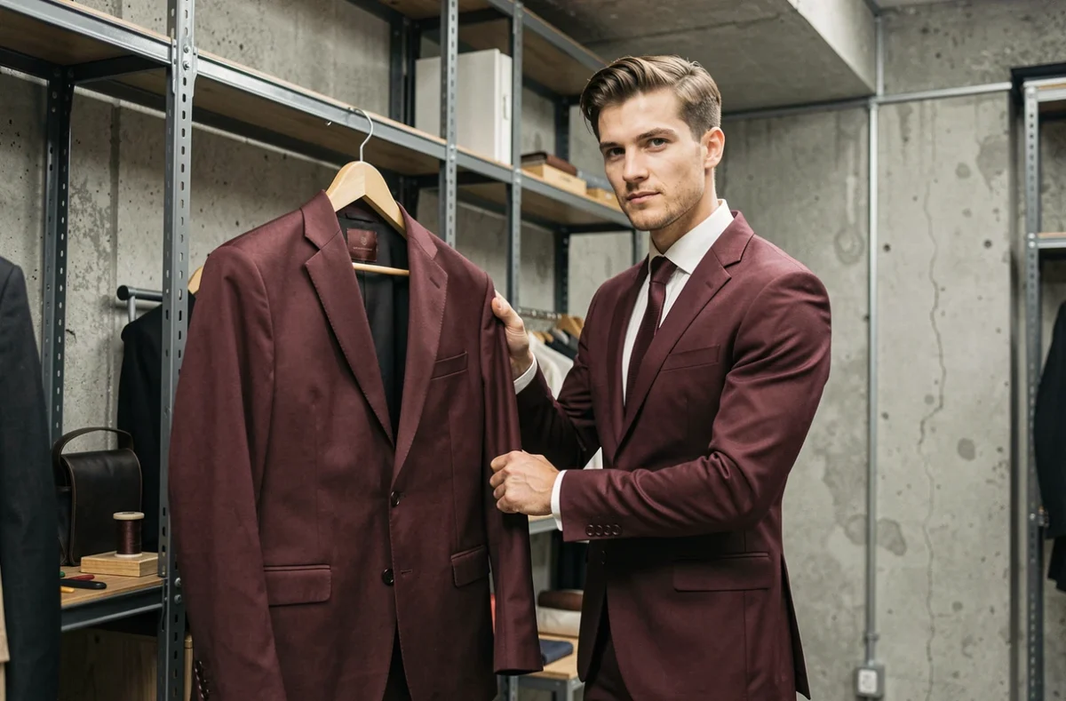 Jeune tailleur présentant un costume sur mesure contemporain dans un atelier parisien moderne