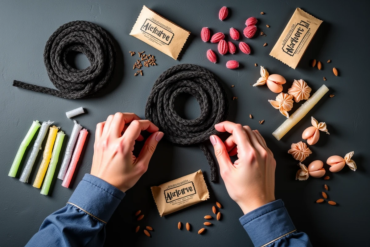 Assortiment de réglisses artisanaux et confiseries traditionnelles présentés en flat-lay sur une surface en ardoise dans une boutique de Givors