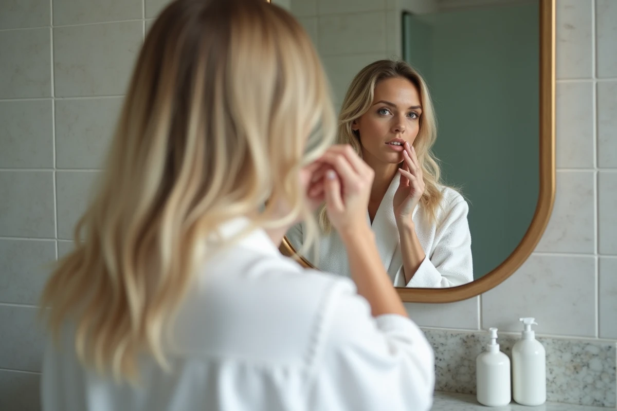 Femme appliquant de la mousse volumisante sur une coupe couronne cheveux fins dans la salle de bain