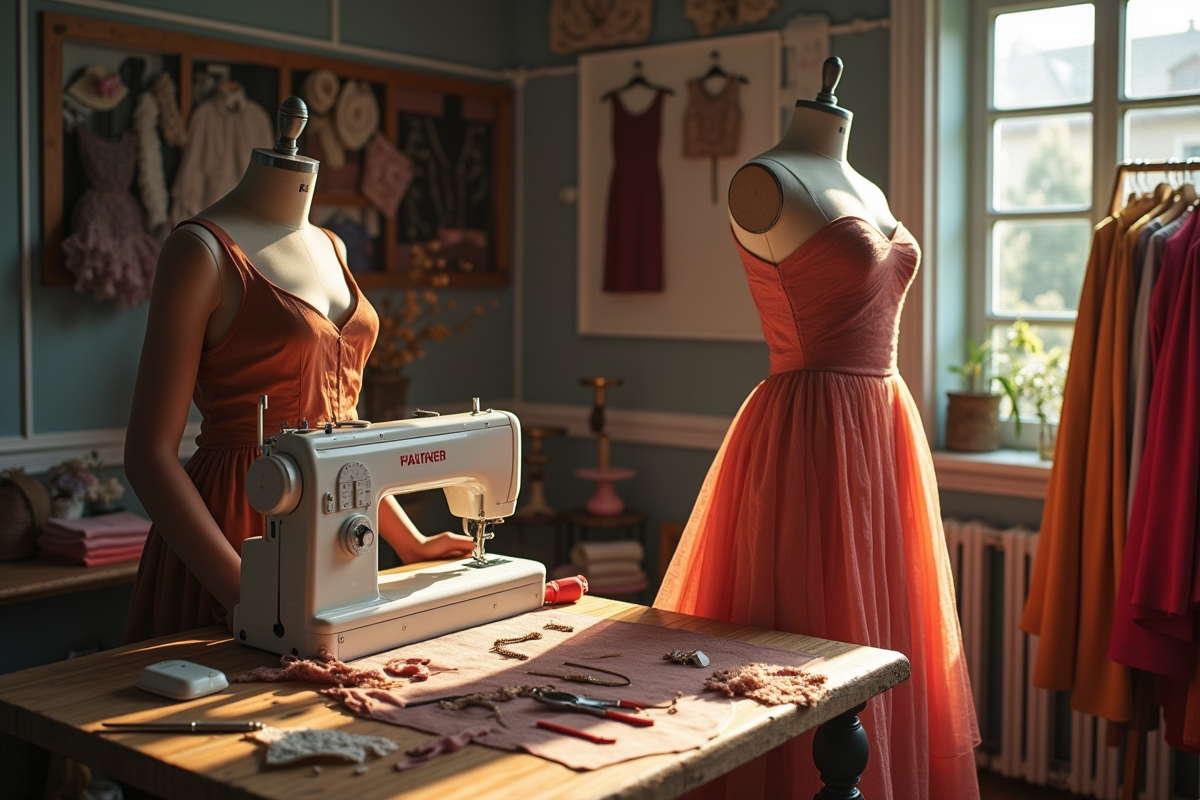 Atelier de mode élégant avec un tailleur ajustant une robe