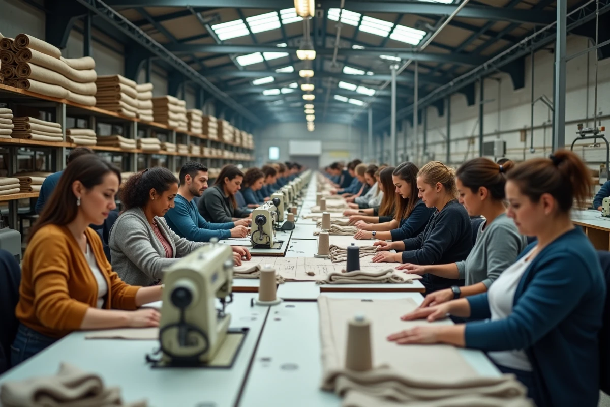 Atelier de fabrication textile en Espagne avec des ouvrières travaillant sur des machines à coudre industrielles, évoquant les origines de Zara