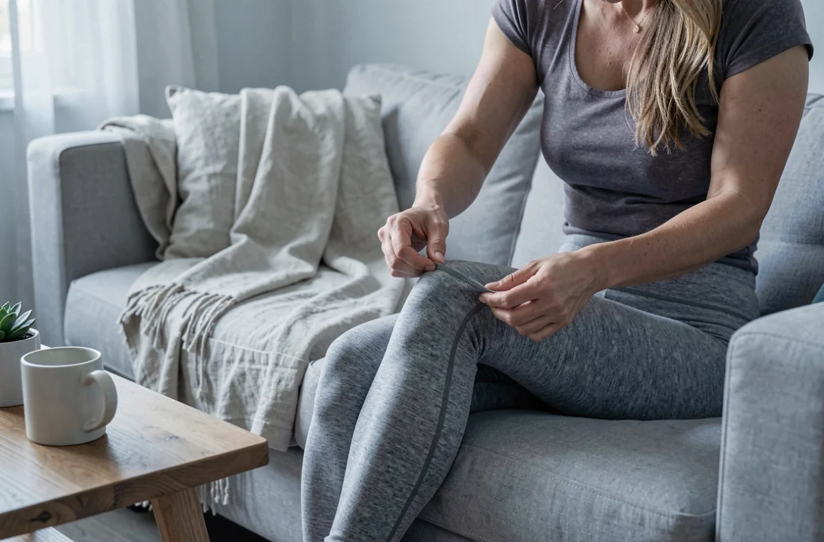 Femme assise dans son salon inspectant la qualité et les coutures de son legging Leonie and co après plusieurs semaines d'utilisation