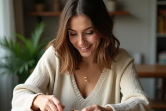 Femme examinant un collier en or après réception d'une commande SRD Bijoux, unboxing à domicile