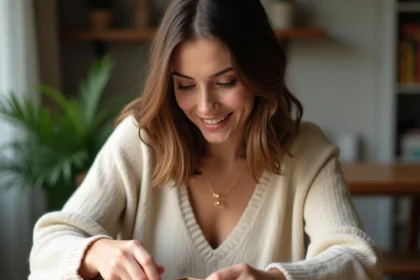 Femme examinant un collier en or après réception d'une commande SRD Bijoux, unboxing à domicile