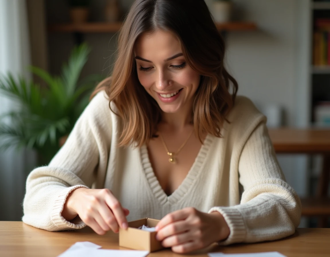 Femme examinant un collier en or après réception d'une commande SRD Bijoux, unboxing à domicile