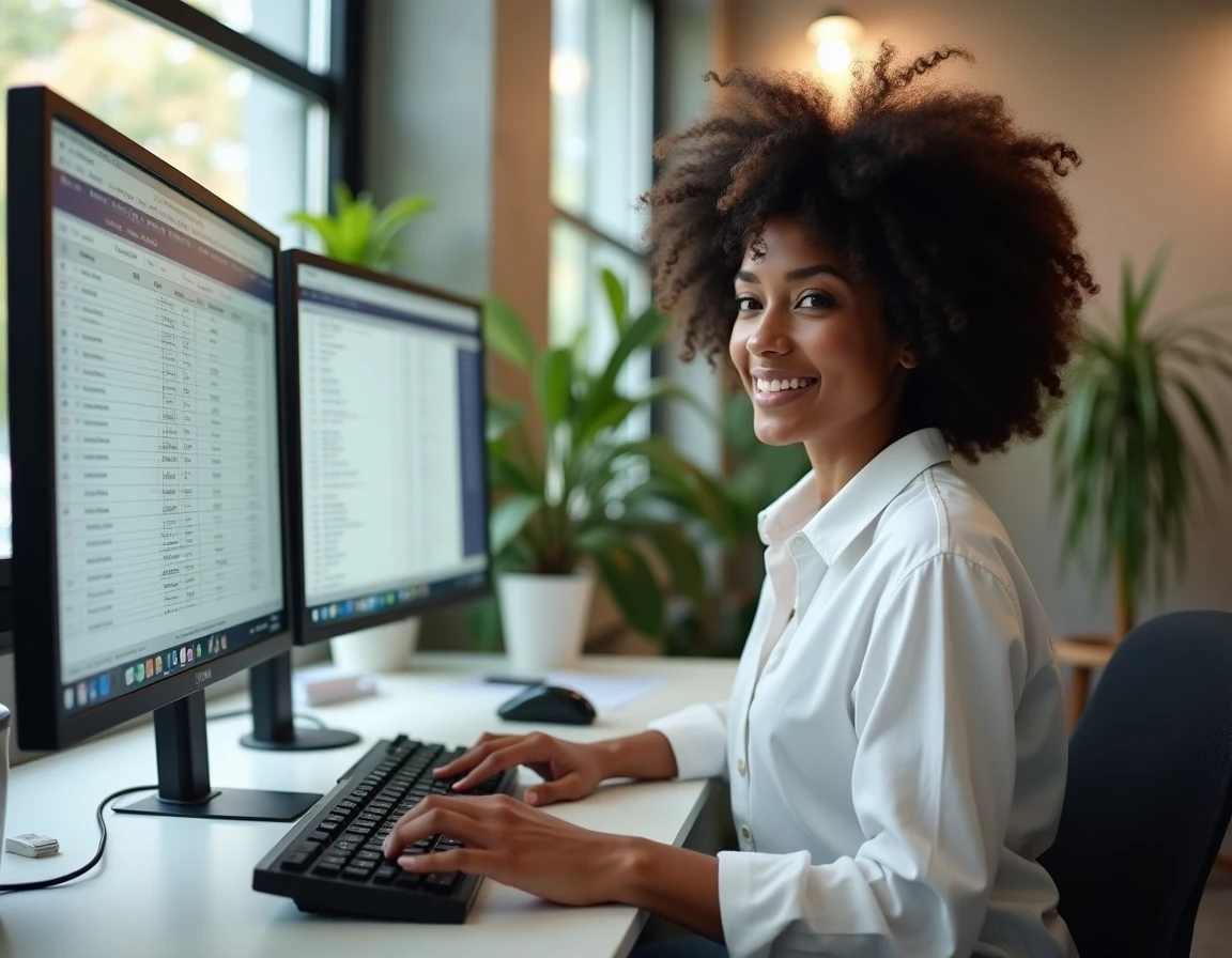 Femme consultant une base de données publique de codes UPC Nike sur deux écrans dans un espace de coworking