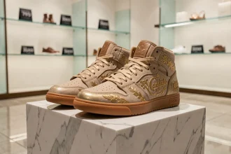Paire de baskets de luxe en édition limitée exposée sur un socle en marbre blanc dans une boutique haut de gamme