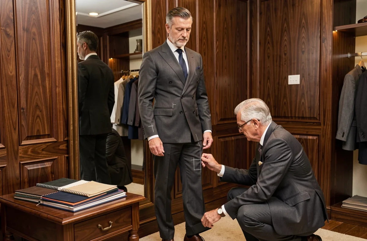 Client en essayage d'un costume double boutonnage haut de gamme dans un atelier de tailleur sur mesure masculin