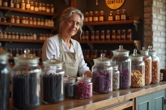 Boutique de réglisse et confiseries artisanales à Givors avec une vendeuse arrangeant des produits traditionnels derrière un comptoir en bois