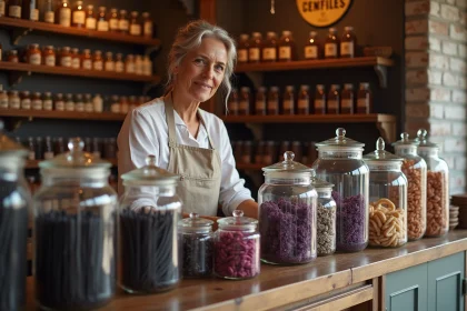 Boutique de réglisse et confiseries artisanales à Givors avec une vendeuse arrangeant des produits traditionnels derrière un comptoir en bois