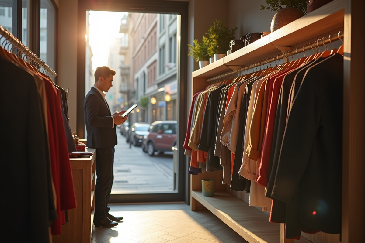 Magasin de vêtements élégant avec propriétaire et client