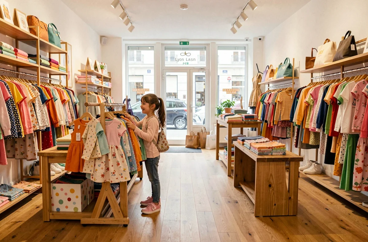 Intérieur d'une boutique de vêtements pour enfants à Lyon avec une fillette parcourant les rayons colorés