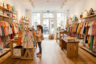 Intérieur d'une boutique de vêtements pour enfants à Lyon avec une fillette parcourant les rayons colorés