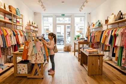 Intérieur d'une boutique de vêtements pour enfants à Lyon avec une fillette parcourant les rayons colorés