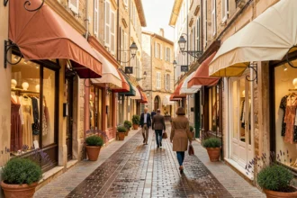 Rue commerçante d'Avignon avec des boutiques de vêtements indépendantes aux vitrines élégantes et une atmosphère provençale authentique