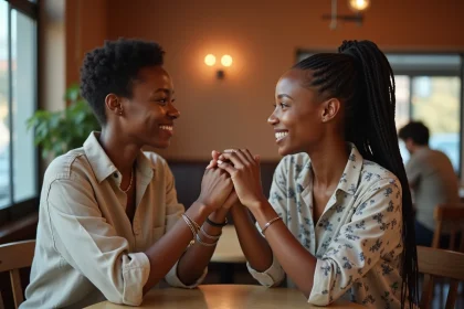 Deux femmes portant des bracelets assortis en argent se tenant les poignets dans un café chaleureux, symbolisant leur amour en tant que couple lesbien