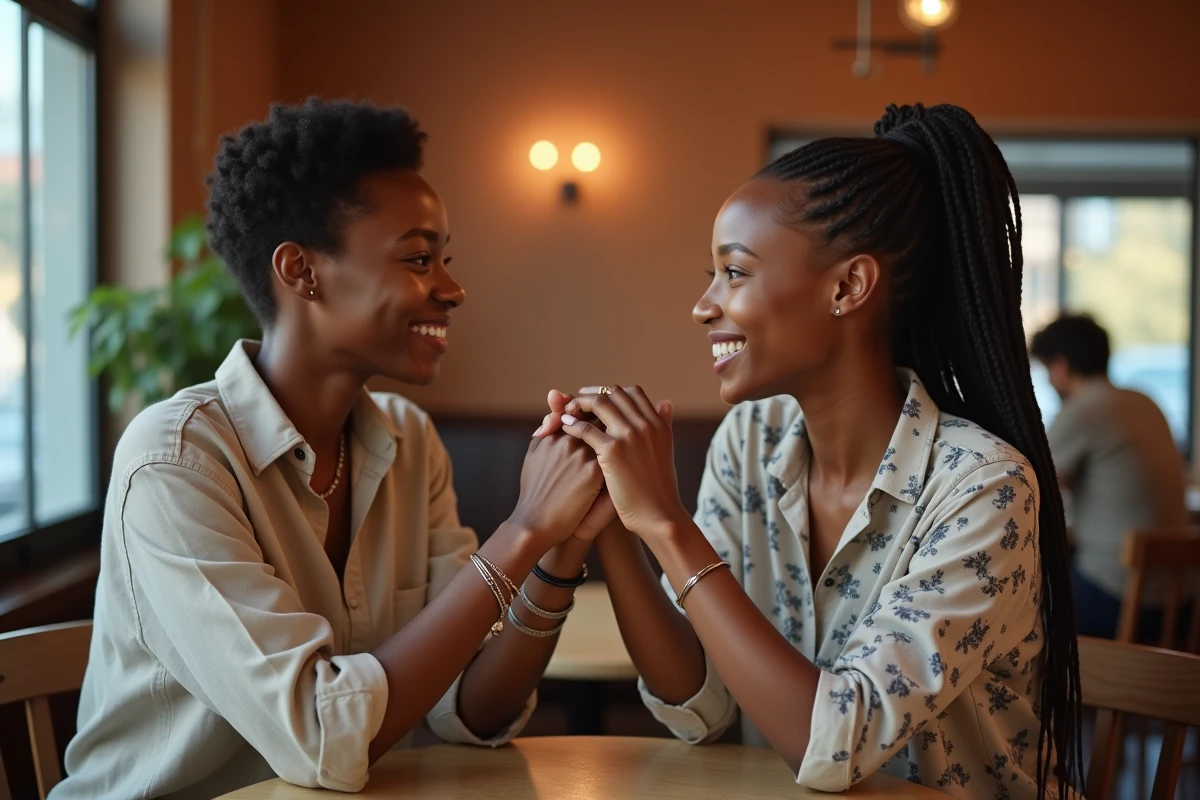 Deux femmes portant des bracelets assortis en argent se tenant les poignets dans un café chaleureux, symbolisant leur amour en tant que couple lesbien