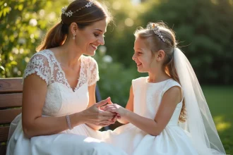Marraine portant un bracelet de communion en argent tenant la main de sa filleule en robe blanche dans un jardin