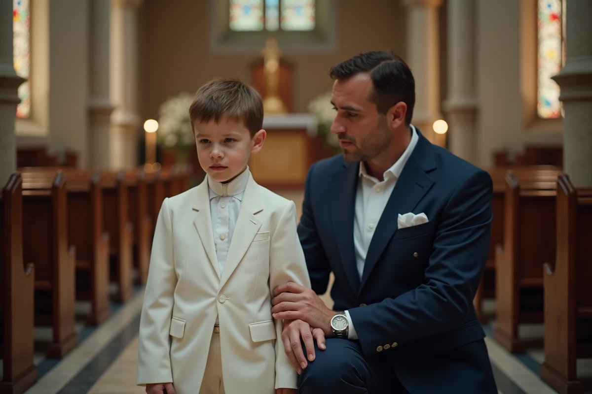 Parrain en costume marine portant un bracelet en argent agenouillé aux côtés de son filleul en tenue de communion dans une église