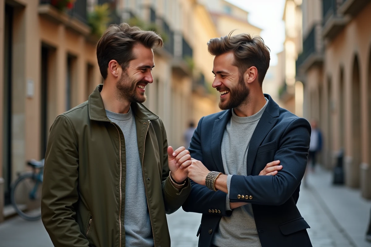 Deux hommes riant ensemble dans une rue pavée européenne, arborant des bracelets assortis en cord marin et or en signe de leur amour partagé