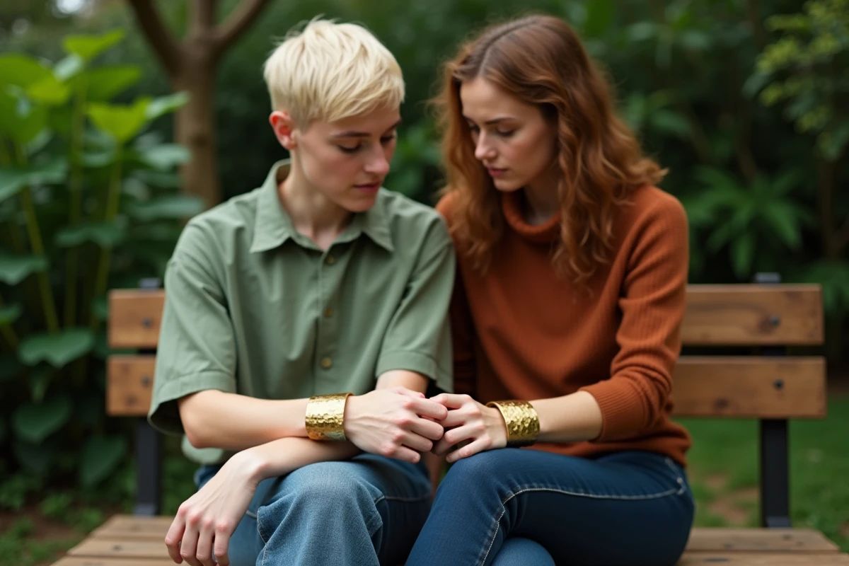 Couple LGBTQ+ non-binaire portant des bracelets en laiton martelé assortis assis dans un jardin botanique, exprimant leur amour avec style et authenticité