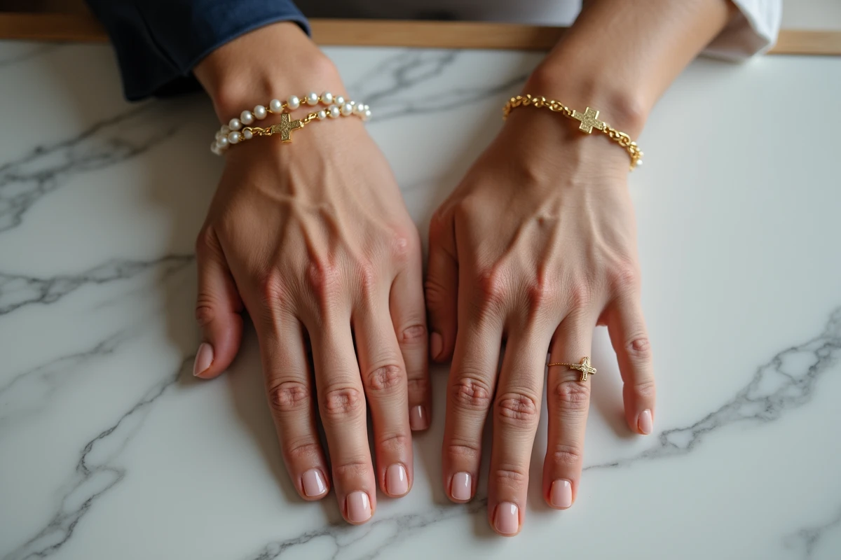 Deux bracelets de communion en or et perles portés par la marraine et le parrain posés sur du marbre blanc