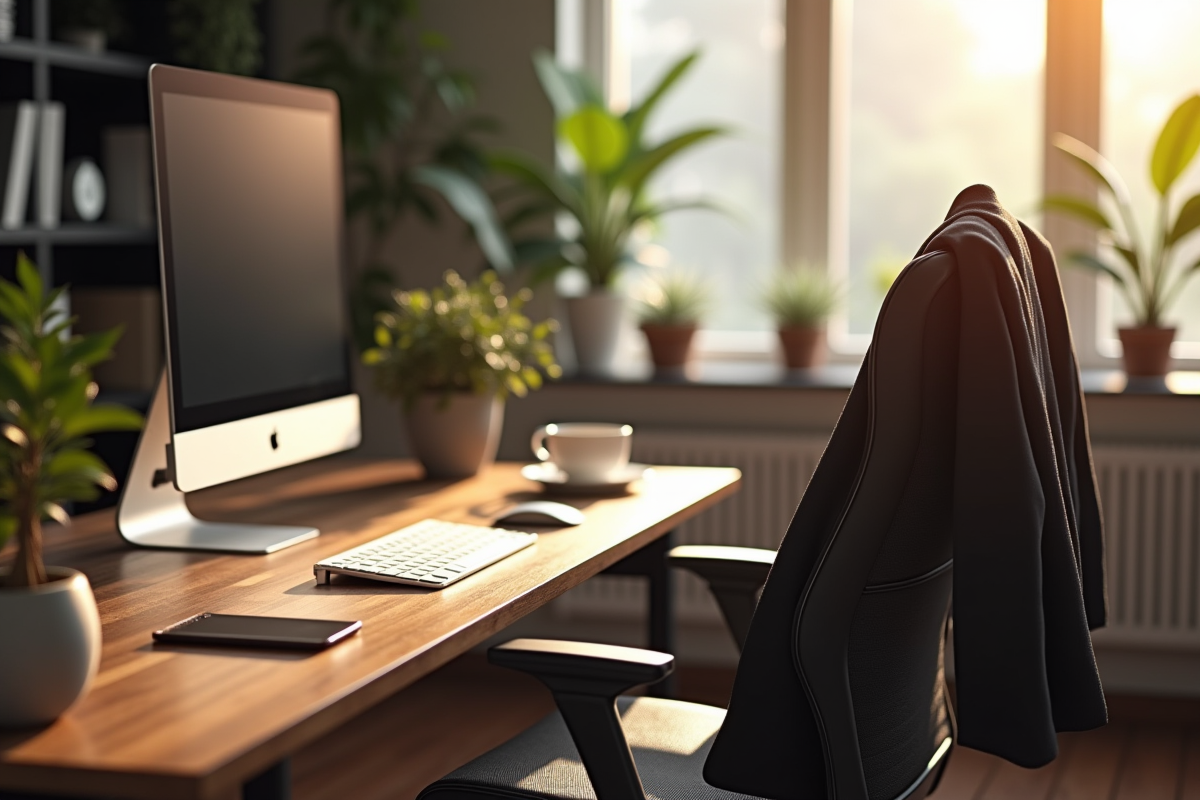 Espace de travail avec bureau ordinateur et plantes