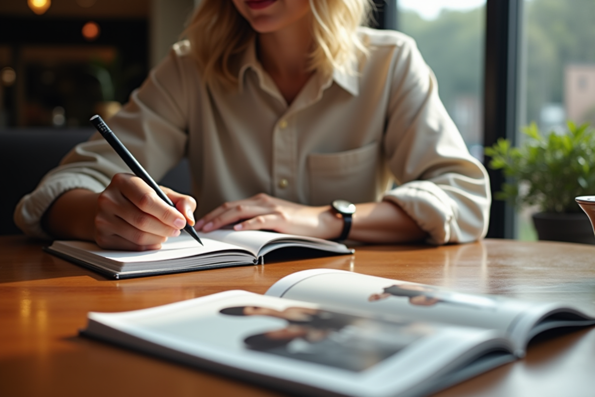 Personne écrivant dans un carnet à une table de café en mode classique