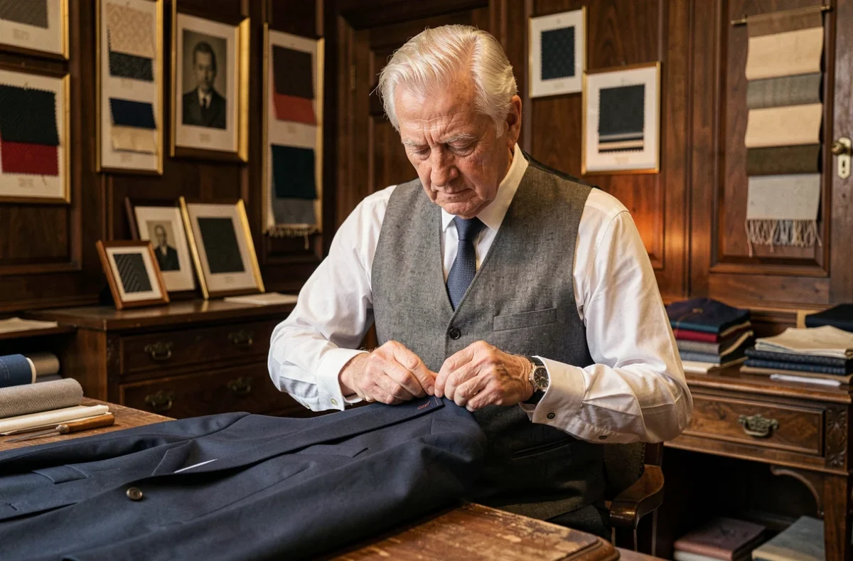 Maître tailleur âgé cousant à la main le revers d'un costume sur mesure dans un atelier traditionnel parisien