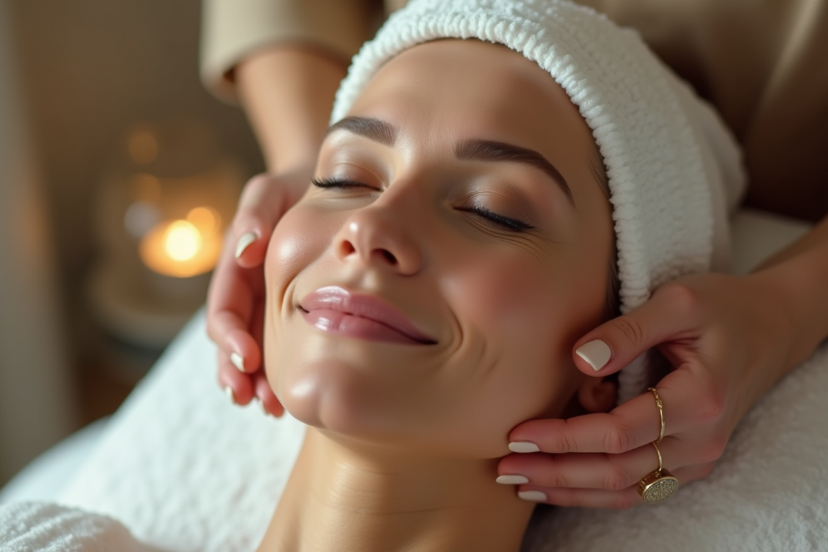 Célébrité âgée recevant un soin visage luxueux dans un spa moderne