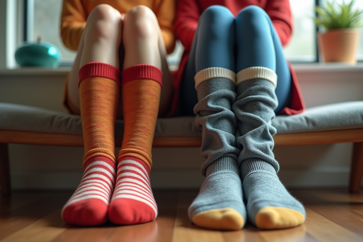 Gros plan sur deux paires de jambes en chaussettes colorées et décontractées