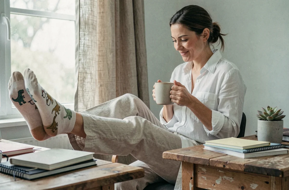 Femme en télétravail posant ses pieds sur un bureau en bois avec des chaussettes drôles à motifs dinosaures portant des lunettes, ambiance bureau à domicile