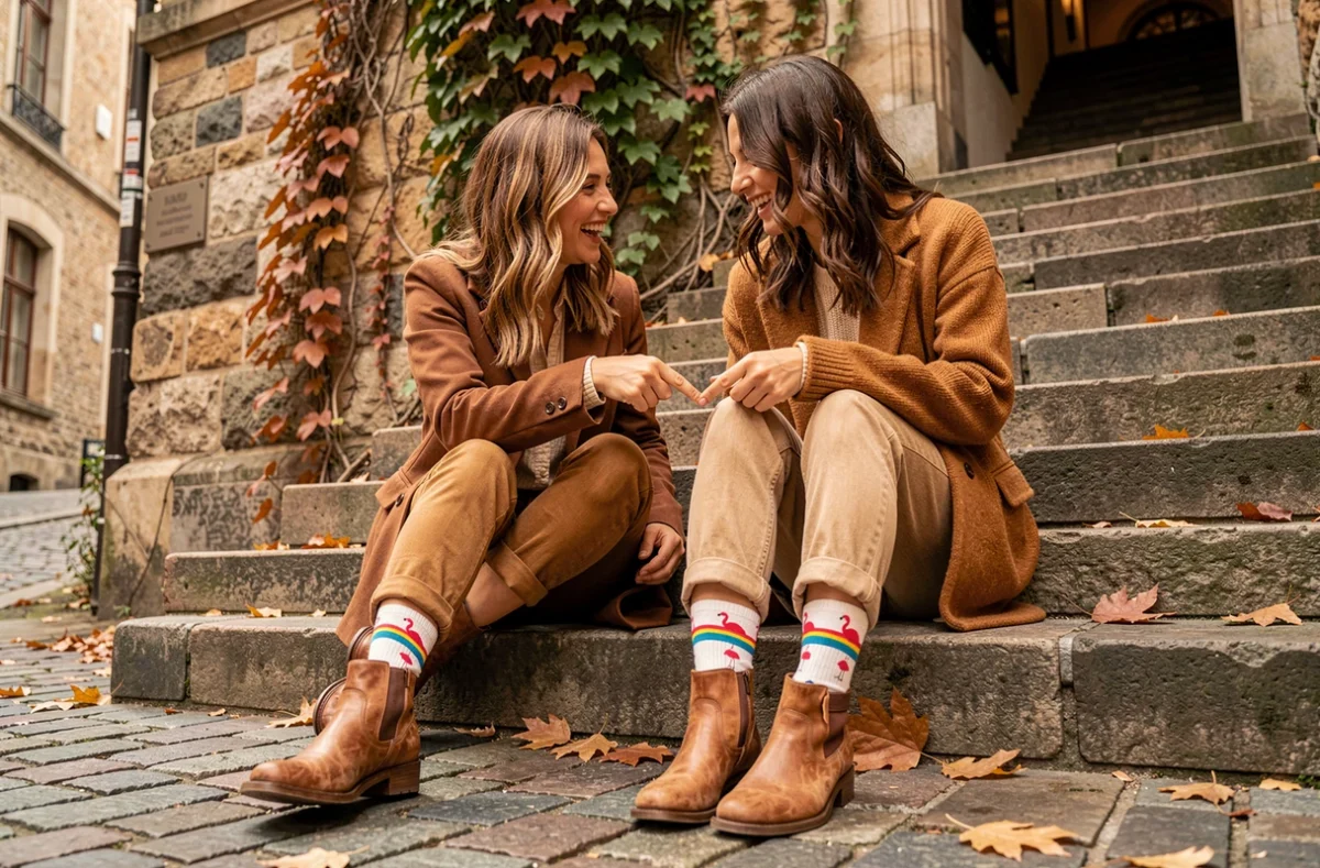 Deux femmes riant sur des marches en pierre urbaines montrant leurs chaussettes fantaisie à motifs flamant rose et arc-en-ciel, ambiance automne en ville