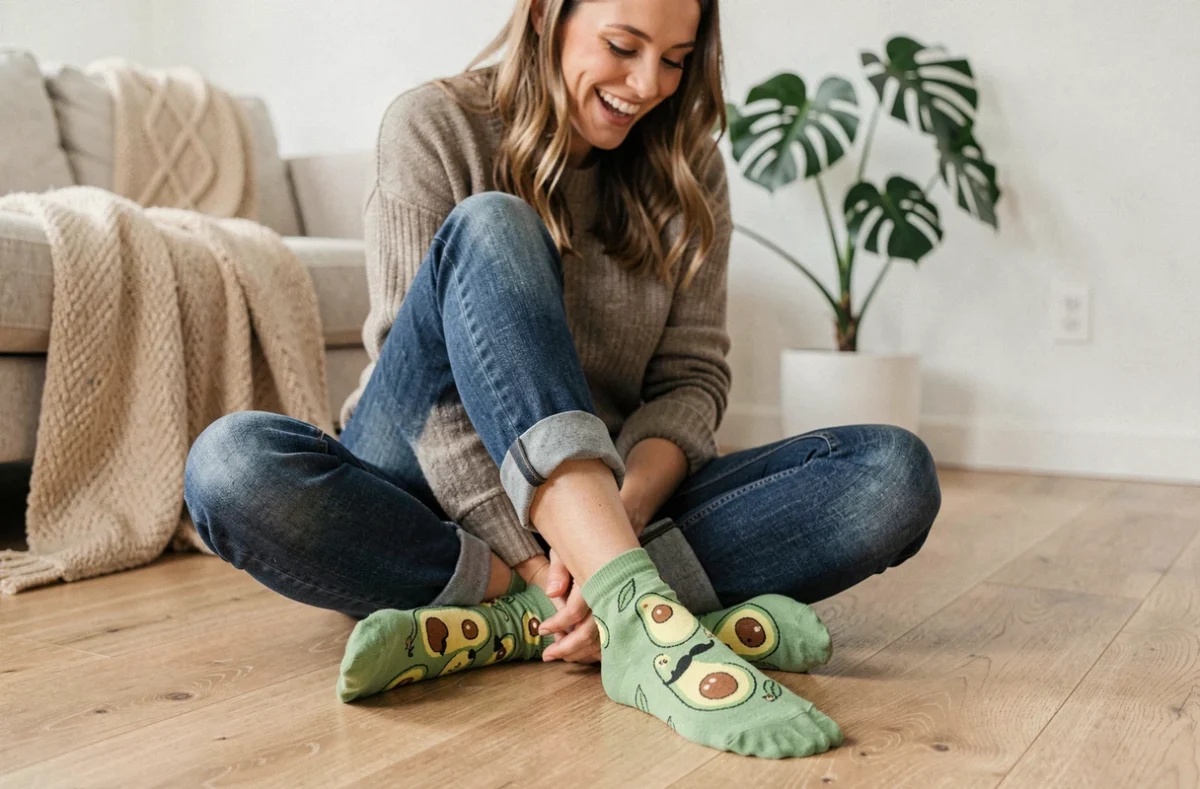 Femme en jean indigo portant des chaussettes humoristiques à motifs avocat sur parquet en chêne, ambiance salon scandinave moderne