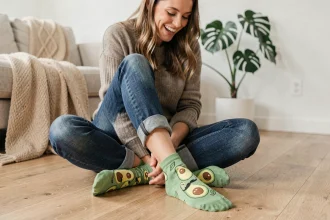Femme en jean indigo portant des chaussettes humoristiques à motifs avocat sur parquet en chêne, ambiance salon scandinave moderne