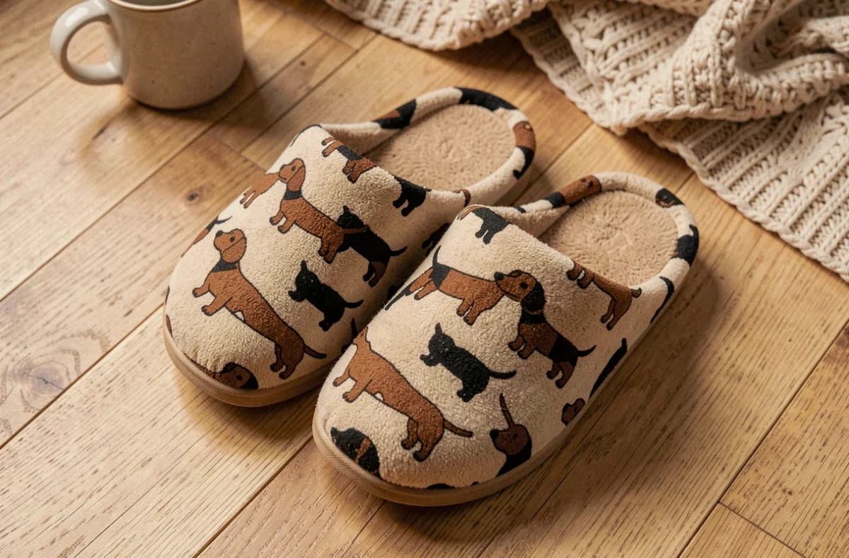Chaussons teckel motif chien long posés sur un parquet en chêne clair avec une couverture tricotée en arrière-plan