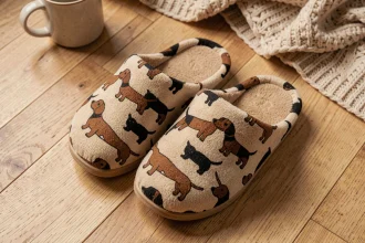 Chaussons teckel motif chien long posés sur un parquet en chêne clair avec une couverture tricotée en arrière-plan