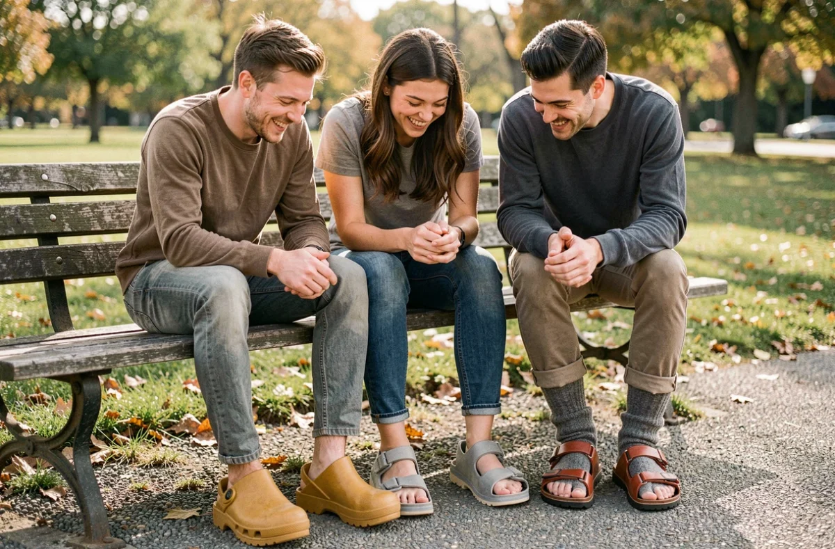 Groupe de trois amis dans un parc riant ensemble en montrant leurs chaussures moches et décalées : sabots, sandales orthopédiques et claquettes-chaussettes